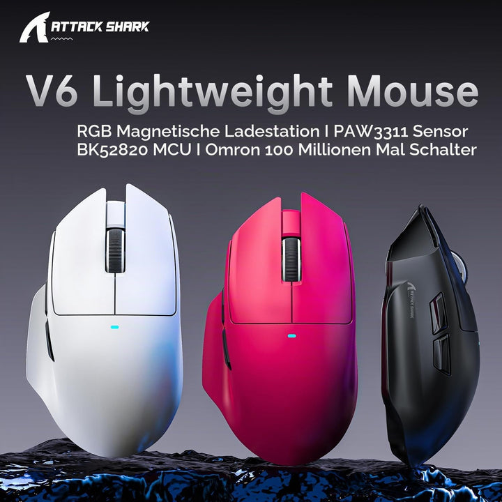 ATTACK SHARK V6 65g Superlight Mouse with Magnetic Charging Dock, PixArt PAW3311 Gaming Sensor, 2500
