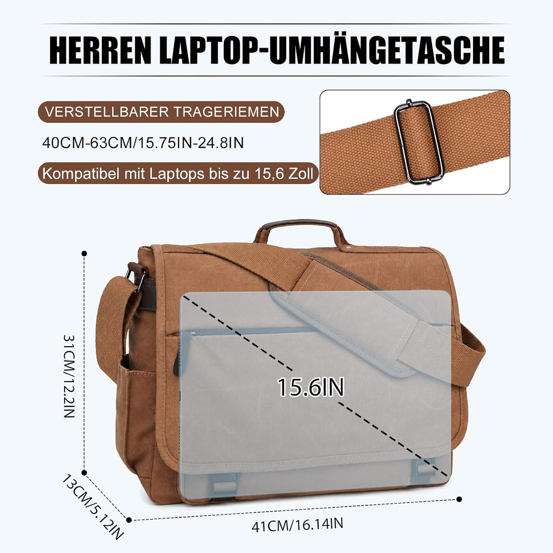 Eshow Umhängetasche Herren Wasserabweisend, Laptoptasche 15,6 Zoll aus Echtleder und Canvas, Messeng