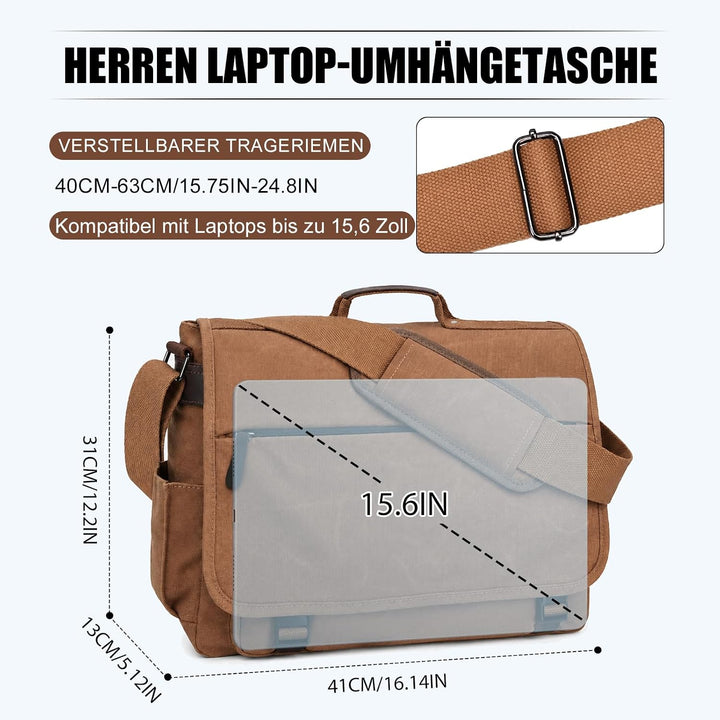 Eshow Umhängetasche Herren Wasserabweisend, Laptoptasche 15,6 Zoll aus Echtleder und Canvas, Messeng