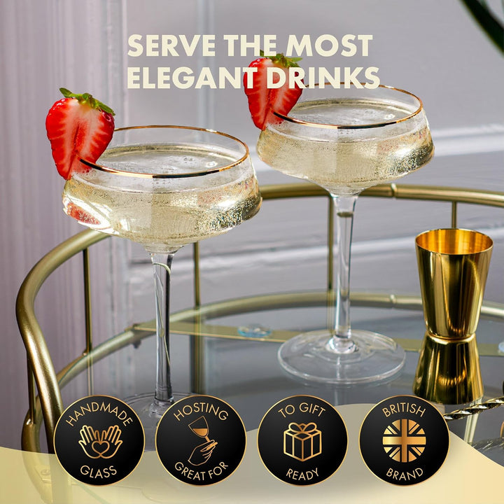 Luxus Martini Gläser Cocktailgläser Set von 4 mit Gold Rändern | Inklusive Gold Cocktail Löffel, Aus