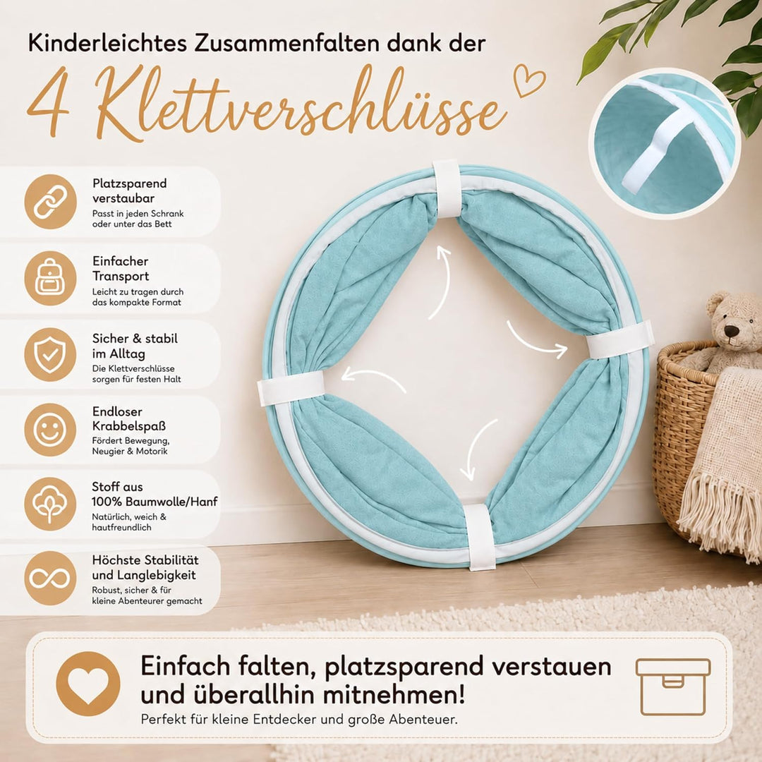 LIONHERZ® Spieltunnel für Kinder aus Baumwolle/Hanf mit Klettverschlüssen [180cm x 46cm] Krabbeltunn