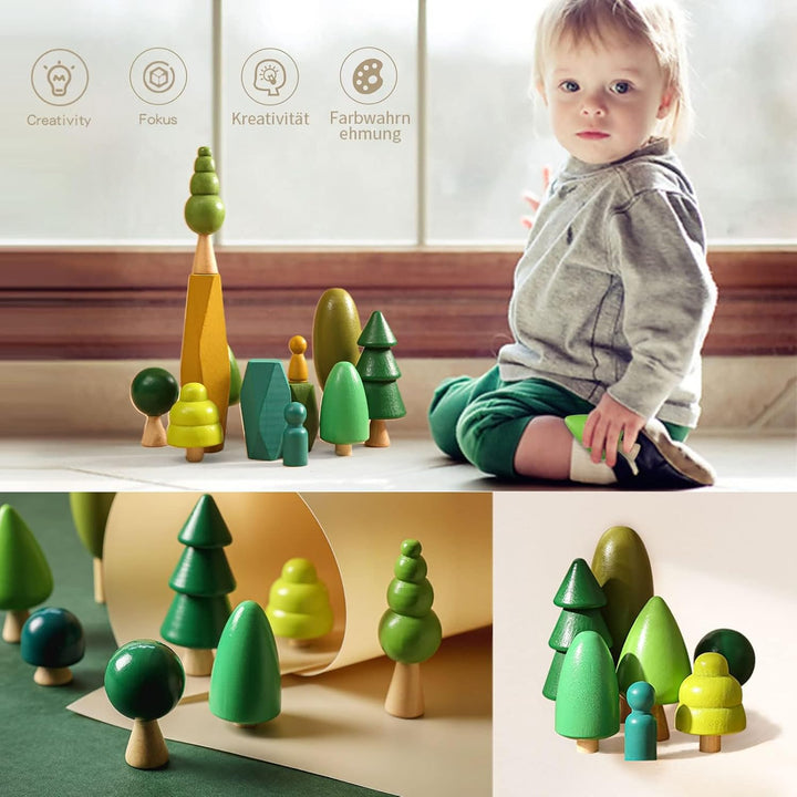 14 PCS Holzspielzeug - Holz Baum Deko Montessori Spielzeug, Verschiedene Grössen Bäume Wald Rustikal