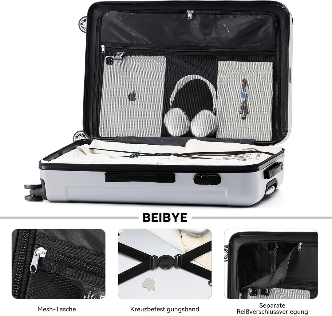 BEIBYE- Hartschalenkoffer Koffer Trolley Rollkoffer Reisekoffer Zahlenschloss 4 Zwilings-Rollen (Sil