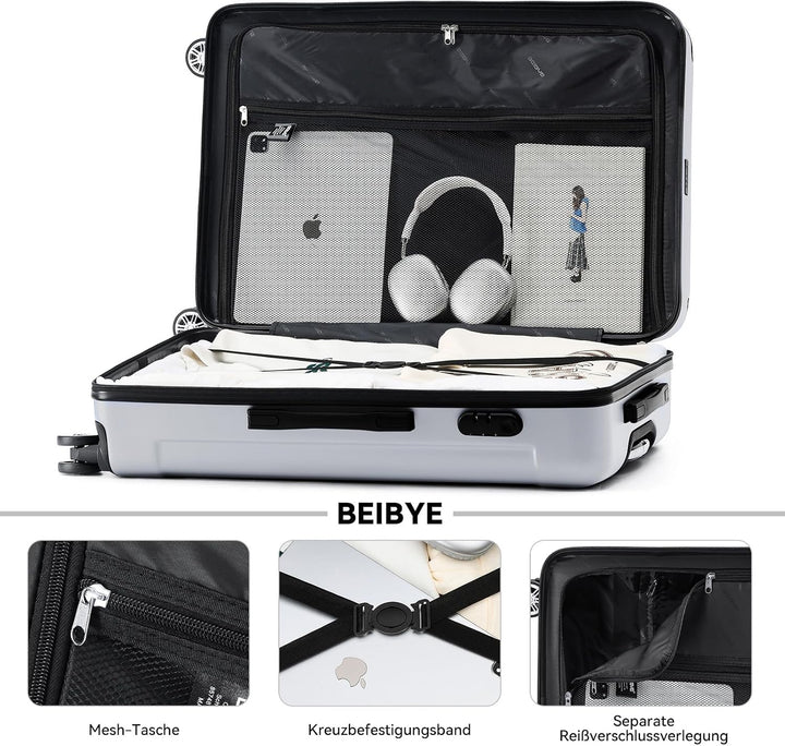 BEIBYE- Hartschalenkoffer Koffer Trolley Rollkoffer Reisekoffer Zahlenschloss 4 Zwilings-Rollen (Sil