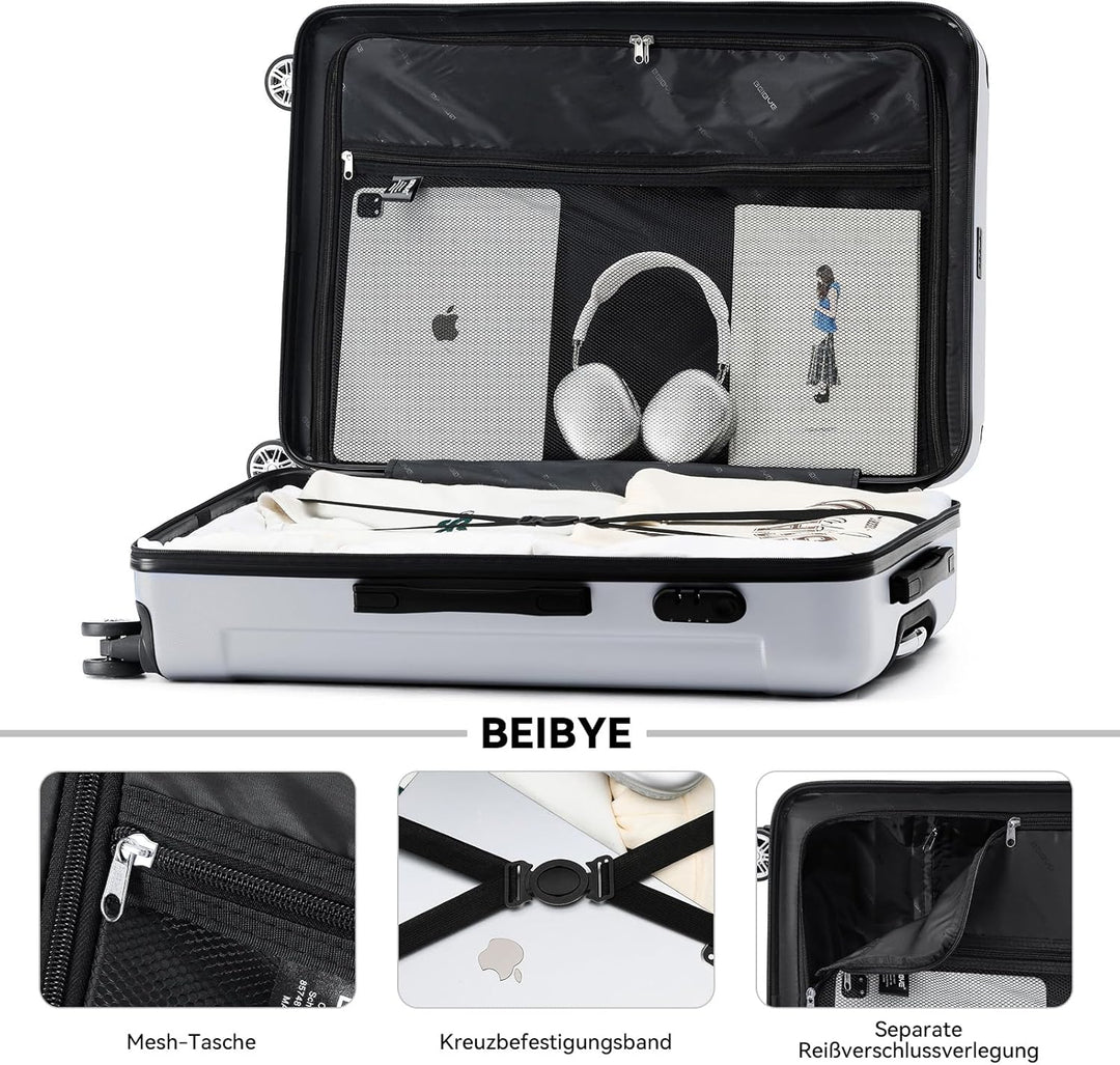 BEIBYE- Hartschalenkoffer Koffer Trolley Rollkoffer Reisekoffer Zahlenschloss 4 Zwilings-Rollen (Sil