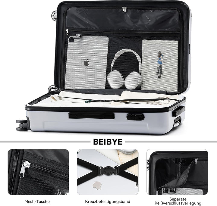 BEIBYE- Hartschalenkoffer Koffer Trolley Rollkoffer Reisekoffer Zahlenschloss 4 Zwilings-Rollen (Sil