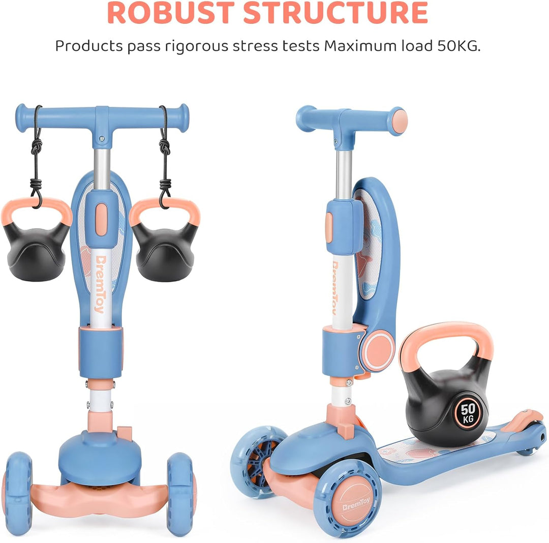 BremToy Kinderroller mit Sitz, Tretroller mit LED Rädern, Kinder Scooter mit Höhenverstellbarem Lenk