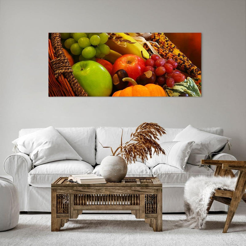 Wandbilder Dekoration Wohnzimmer Weidenkorb Obst Gemüse Panorama Bilder auf Leinwand 120x50cm Leinwa