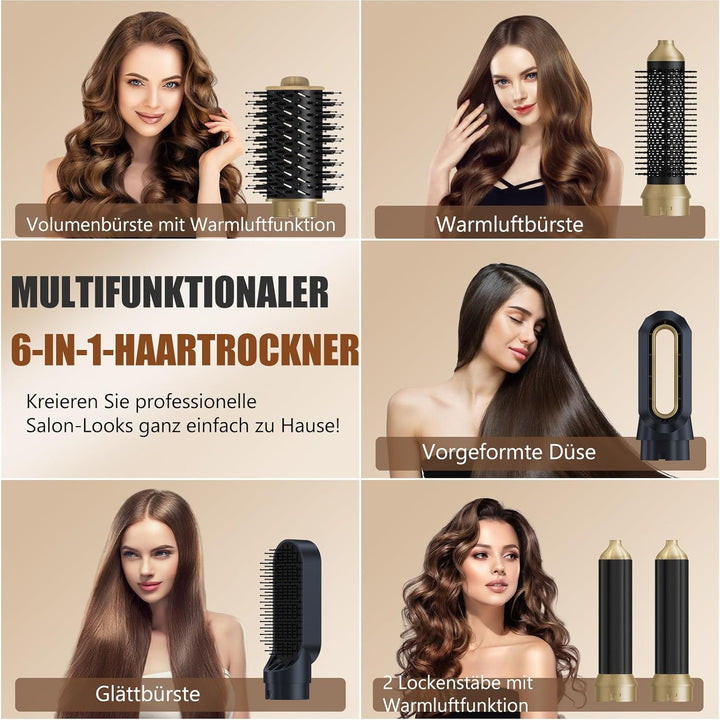 6-in-1 Hair-styler, Ionen Föhn, 1000W Multifunktionaler Hairstyler, Lockenstab Automatisch, Keramikt