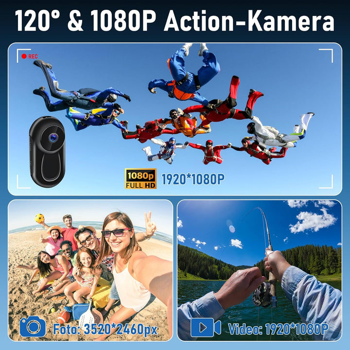 Action Cam, 120° Tragbare Sportkamera mit 0,63-Zoll-Display, Mini-Körperkamera HD 1080P Helm ActionK