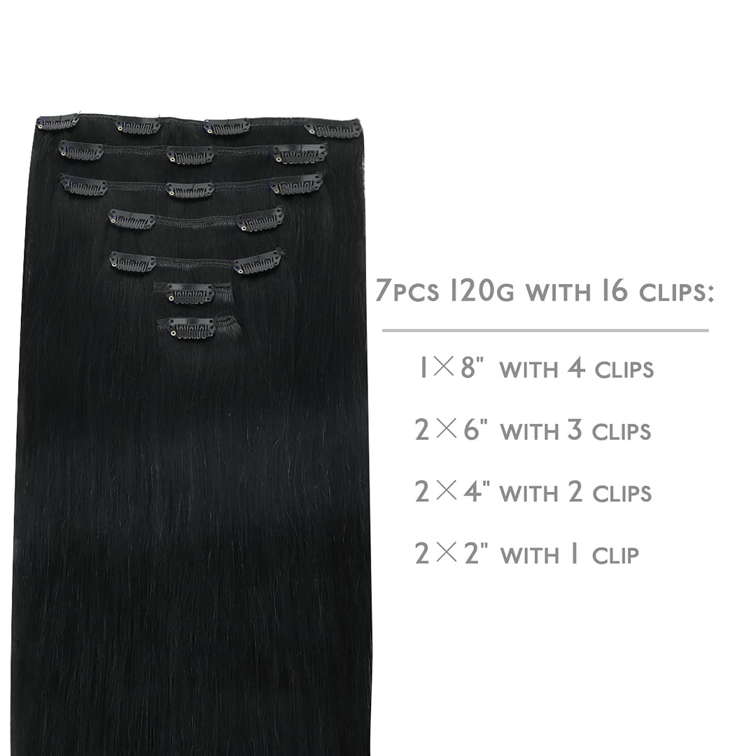 WENNALIFE Clip in Extensions Echthaar, 45cm 18 Zoll 120g 7pcs Tief Schwarz Hair Extensions Clip in E