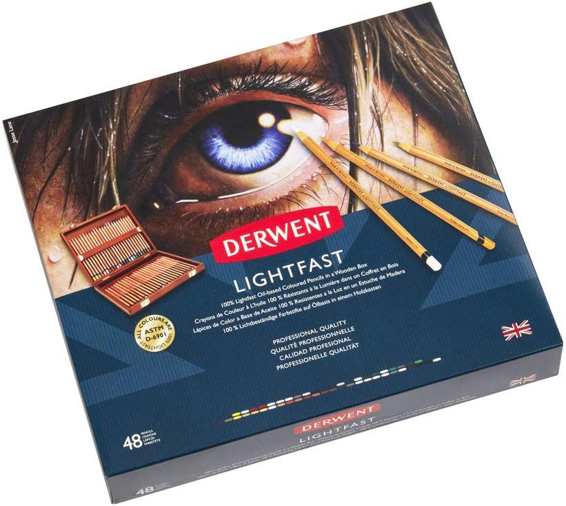 Derwent Lightfast Lichtechte Farbstifte in Geschenk-Box aus Holz, Zeichnen &amp; Ausmalen, 48er-Set, Ide