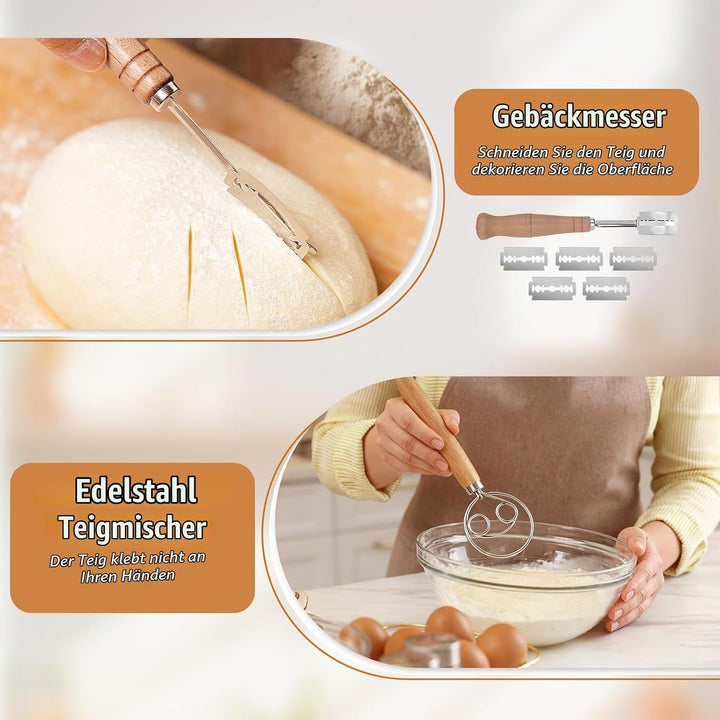 Sauerteig Starter Set 11-Teilig, 2 Gärkörbchen und Brot Backen Zubehör, Rund und Oval Brotkorb Zum B