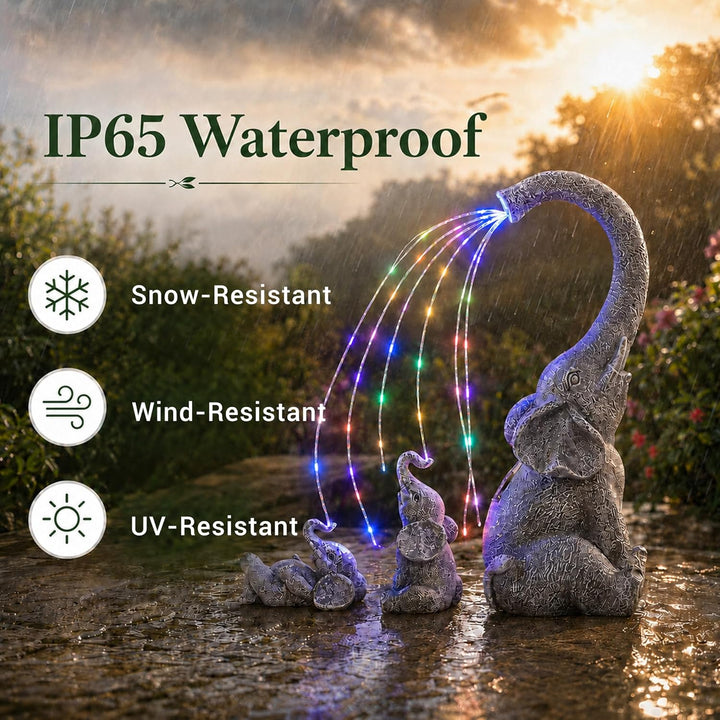Yeomoo Elefanten Deko Gartenfiguren mit Solar Lichterkette Aussen: Elefant Mutter mit 2 Baby Elefant