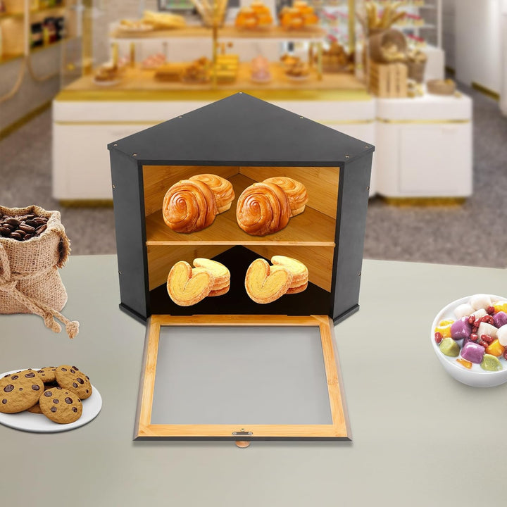 Doppelschichtige Brotkasten Dreieckiges Design für die Küchenarbeitsplatte, Bambus Brotbox mit magne