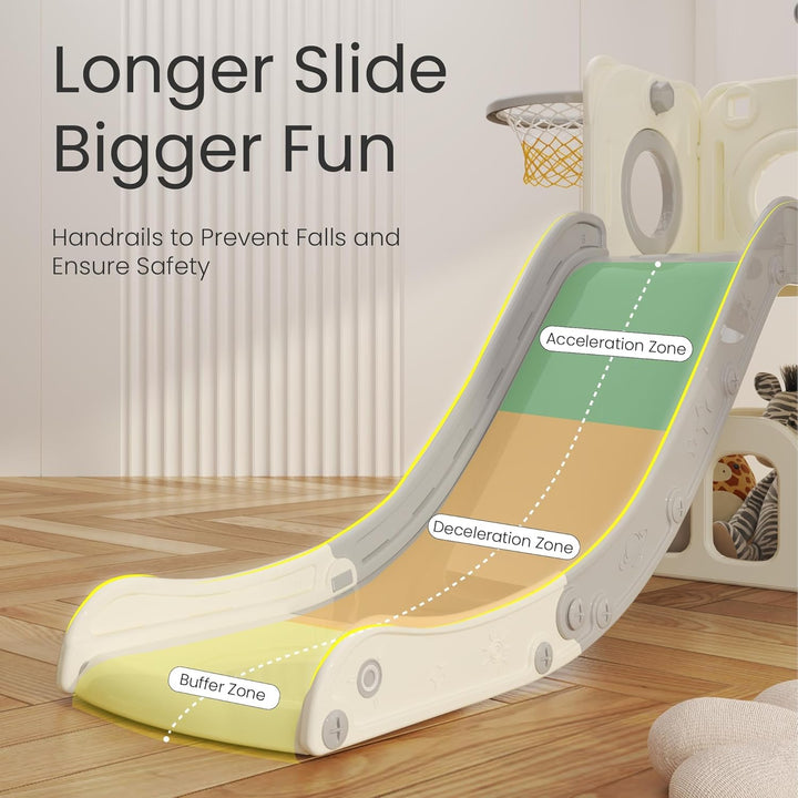 hoopyosms Kinder Rutsche mit Klettergerüst, Basketballkorb und Tunnel, Indoor-Kunststoffrutschenset