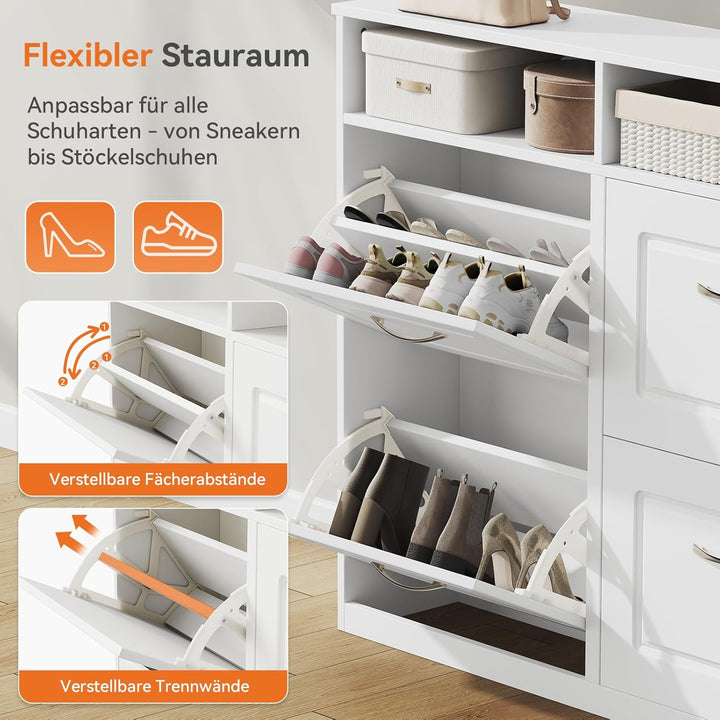 Sweetcrispy Schuhschrank mit 4 Klappen, schmaler Schuhkipper mit offenen Ablagefächern, verstellbare