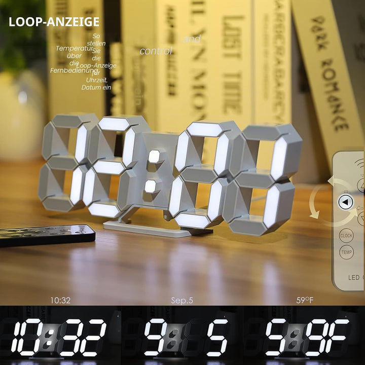 KOSUMOSU Digitaluhr 3D LED Wanduhr 9.7 Zoll, Tischuhr Grosses Display Digitale Wanduhr Schreibtischu
