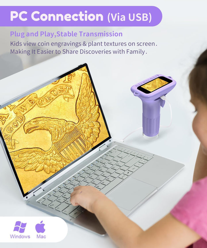 USCAMEL Digitales Mikroskop für Kinder 5-7: 1000x Handgehaltenes Mikroskop mit 2-Zoll-Bildschirm Tas