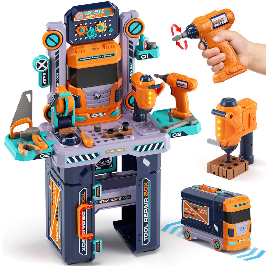 Lehoo Castle Werkbank Kinder 83cm Grossformat, Transformierbarer LKW mit Elektrischem Werkzeug Bohrh