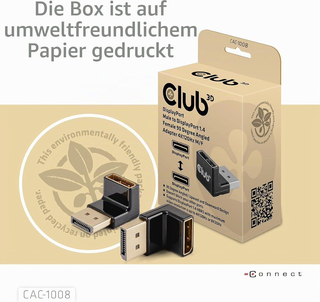 Club3D CAC-1008 DisplayPort Stecker auf DisplayPort 1.4 Buchse 90 Grad abgewinkelter Adapter 4K120Hz