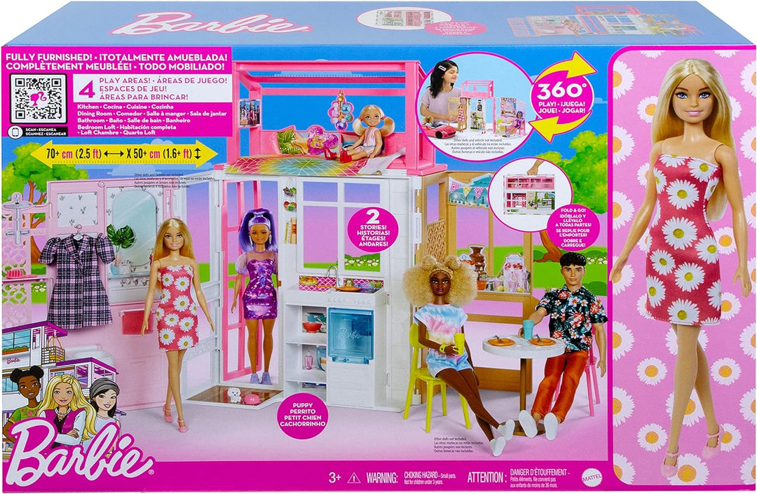 Barbie HCD48 - Puppenhaus-Spielset mit Puppe & Haus mit 2 Ebenen & 4 Spielbereichen, komplett einger