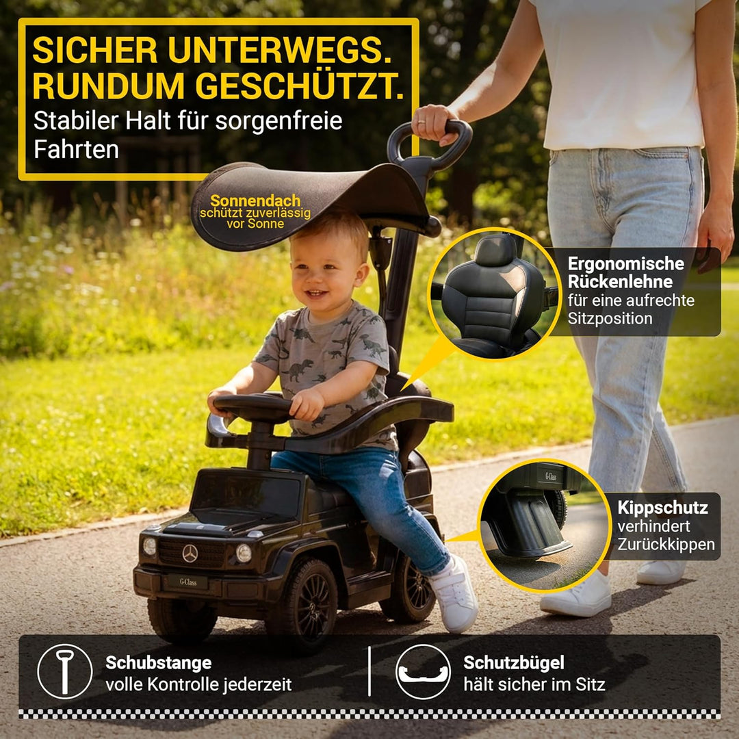 Actionbikes Motors Lauflernwagen Mercedes G350d | Rutschauto mit Schiebestange Schutzbügel Sonnendac