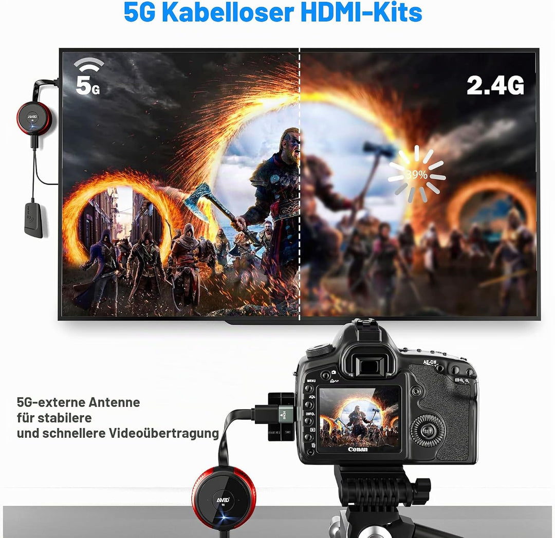 Wireless HDMI Transmitter, 5G/2,4G Drahtloser HDMI-Sender Drahtloser HDMI 164ft/50m Reichweite Full