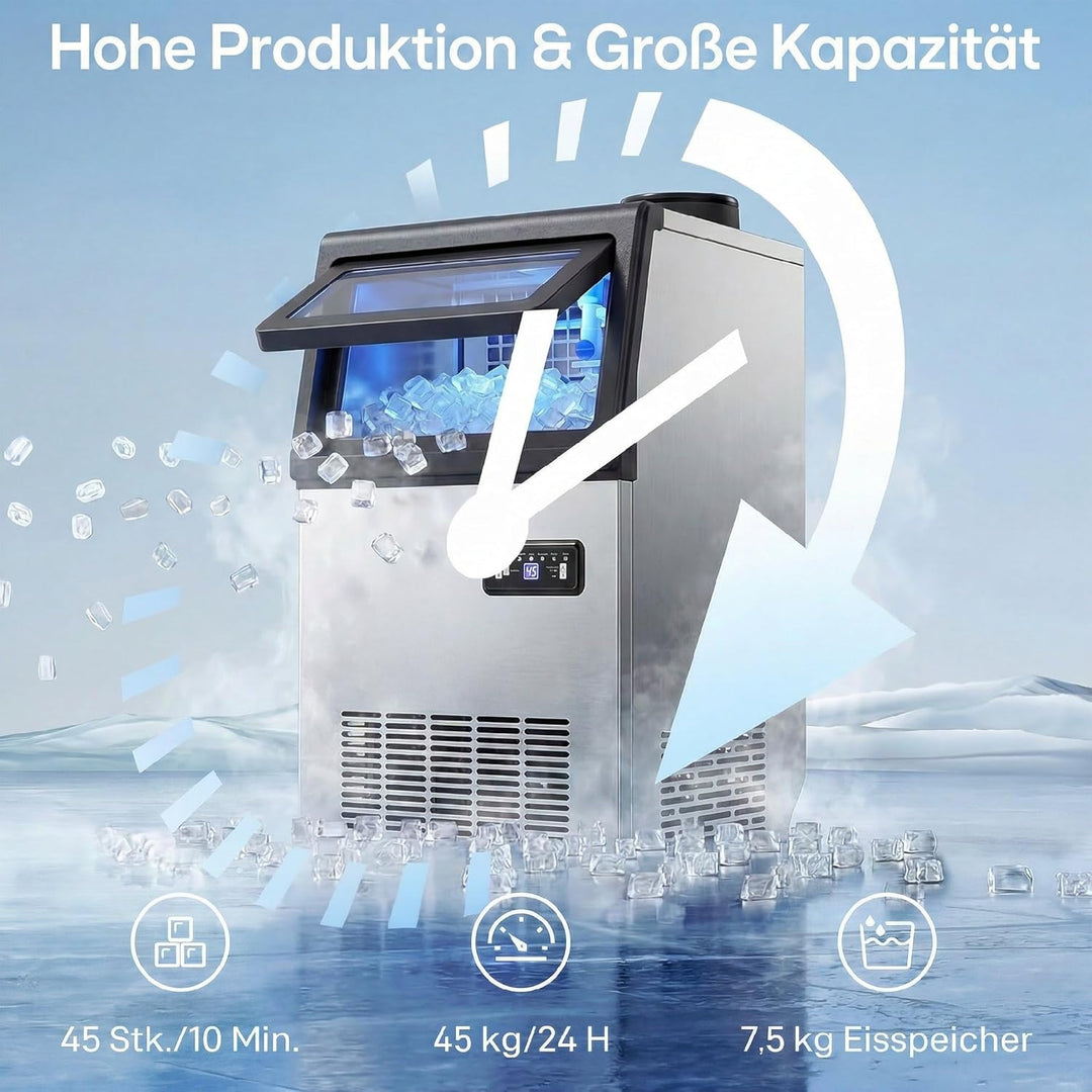 HOMCOM Kommerzielle Eiswürfelmaschine 45kg/24H selbstreinigend Eismaschine mit 7,5 kg Speicher, Time