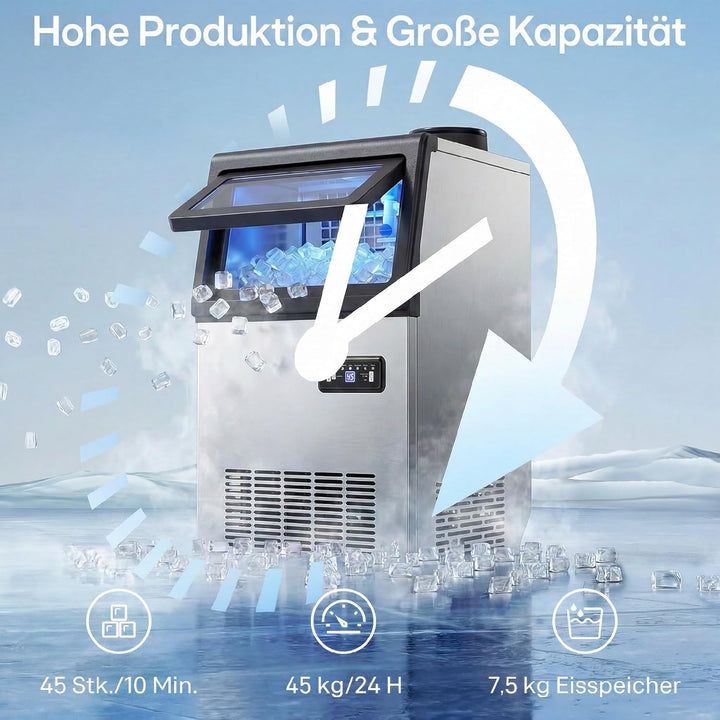 HOMCOM Kommerzielle Eiswürfelmaschine 45kg/24H selbstreinigend Eismaschine mit 7,5 kg Speicher, Time