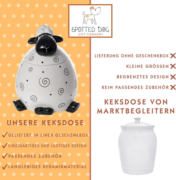 SPOTTED DOG GIFT COMPANY - Keksdose Keramik, Vorratsdose mit Deckel 2.2L, Schwarz und Weiss Schaf Kü