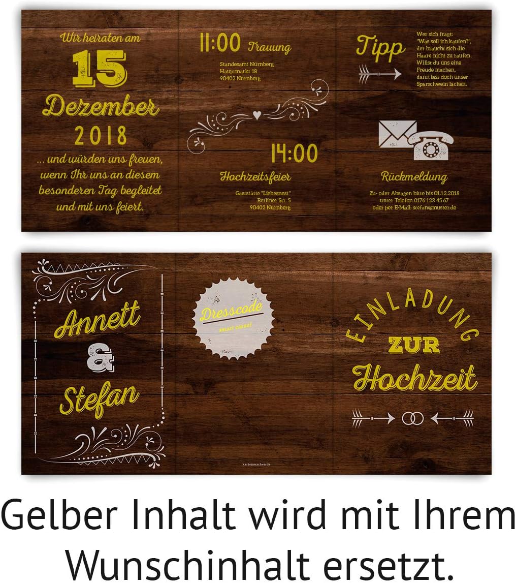 10 x Hochzeitseinladungen individuell mit Ihrem Inhalt als Klappkarte im Wickelfalz - Holz Lettering