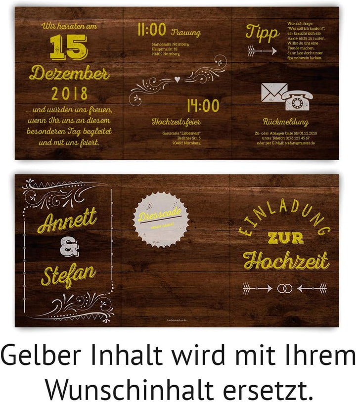 10 x Hochzeitseinladungen individuell mit Ihrem Inhalt als Klappkarte im Wickelfalz - Holz Lettering