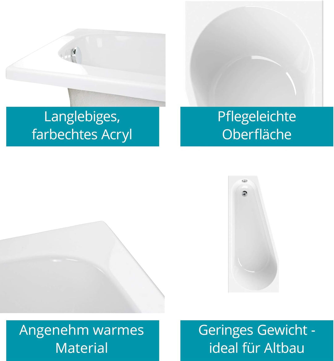 Calmwaters® Raumsparende Eckbadewanne 160x70 cm, Acrylwanne Essential Small, platzsparende Badewanne