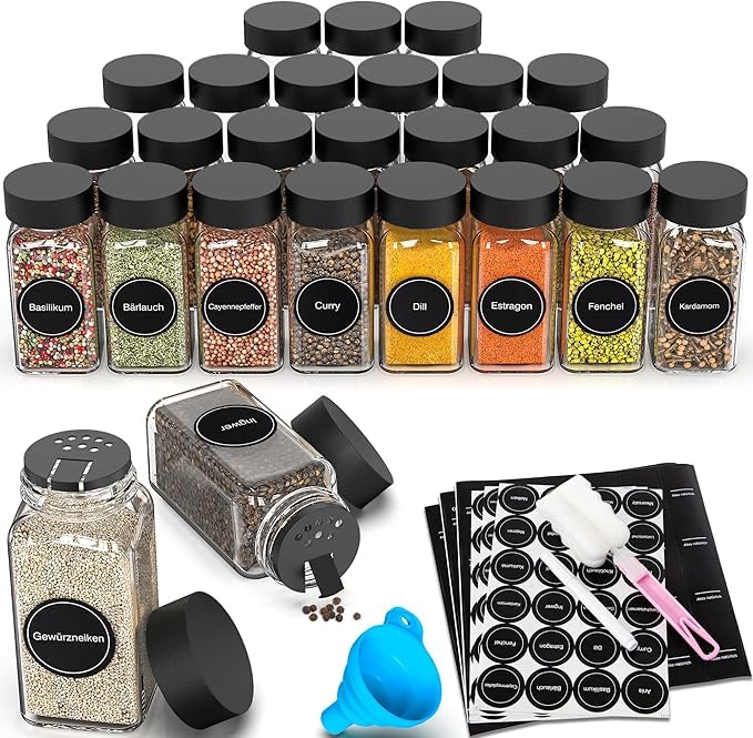 36 Gewürzgläser Eckig Set mit Deckel, 120ml Gewürzdosen mit 340 Etiketten,Sieben (36) (36 BLACK), 36