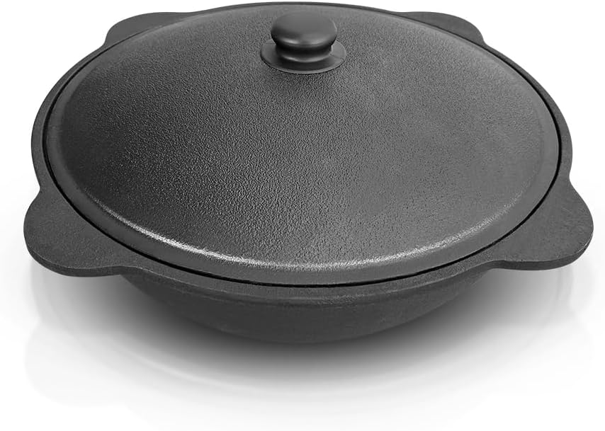 ZARENHOFF Set - Usbekischer Gusseisen Kasan 22 L runder Boden, Deckel aus Aluminiumguss 2 Schaumlöff