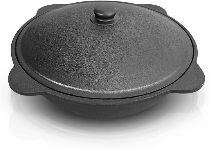 ZARENHOFF Set - Usbekischer Gusseisen Kasan 22 L runder Boden, Deckel aus Aluminiumguss 2 Schaumlöff