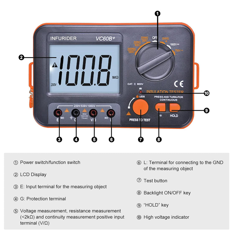 Digitaler Isolationswiderstandstester, Megohmmeter Ohmmeter YF-VC60B+, Spannungsprüfer 250/500/1000