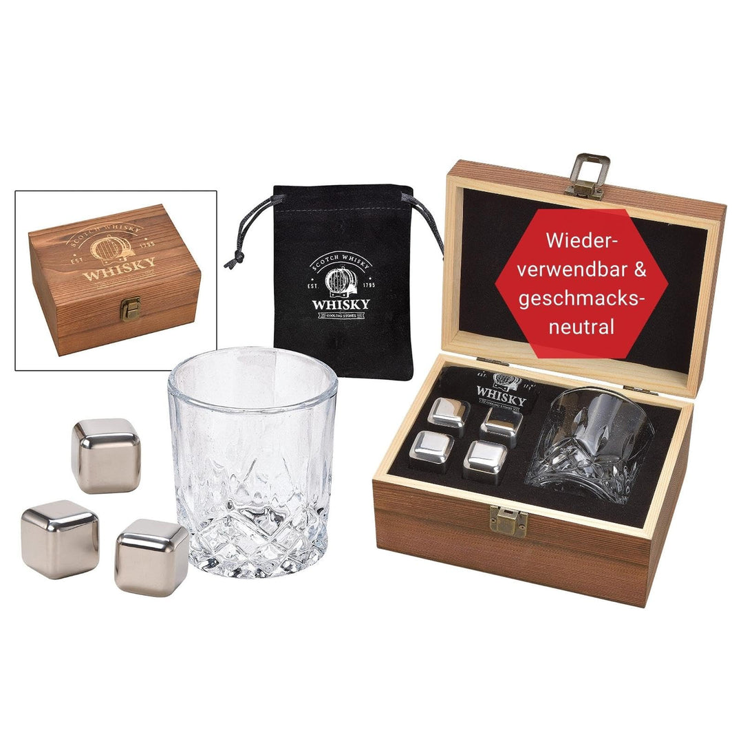 WOMA Whisky Steine Set I 4 Edelstahl Kühlwürfel inkl. Whiskey Glas, Samtbeutel & hochwertiger Holzbo