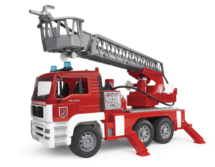 bruder 02771 - Man TGA Feuerwehr mit Drehleiter, Wasserpumpe & Light & Sound Modul - 1:16 Einsatzfah