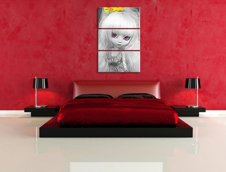 hübsches Pullip-Püppchen im 70er-Jahre-Stil schwarz/weiss Spezial 3-Teiler Leinwandbild 120x80 Bild
