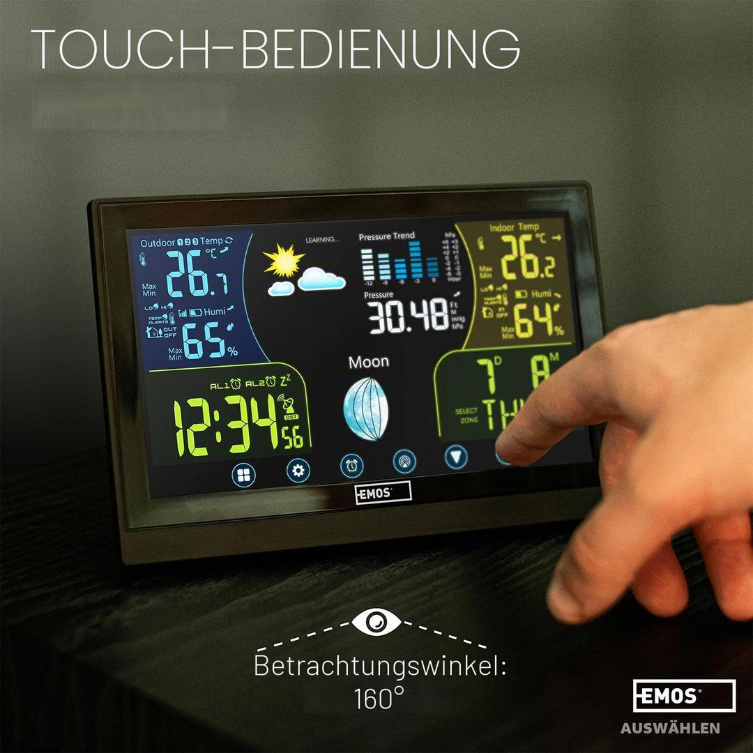 Emos Wetterstation Funk mit Aussensensor, Touchscreen und Farbdisplay, DCF Empfangssignal Funkuhr -