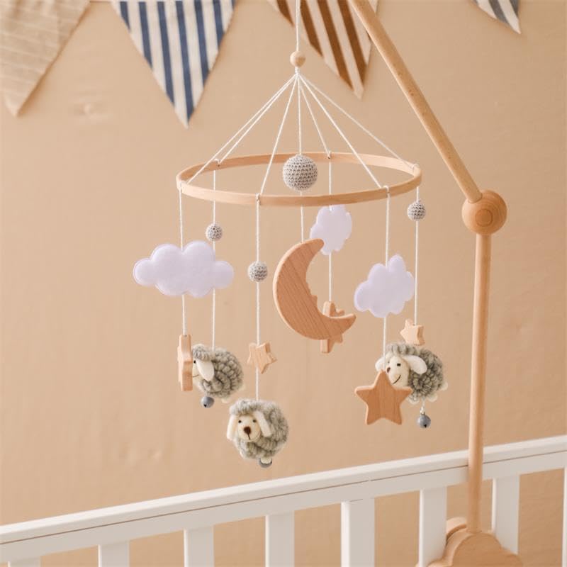 Herfair Mobile Baby Bettglocke mit Sterne Mond Schafe Hölz Mädchen Hängende Mobile Windspiel für Bab