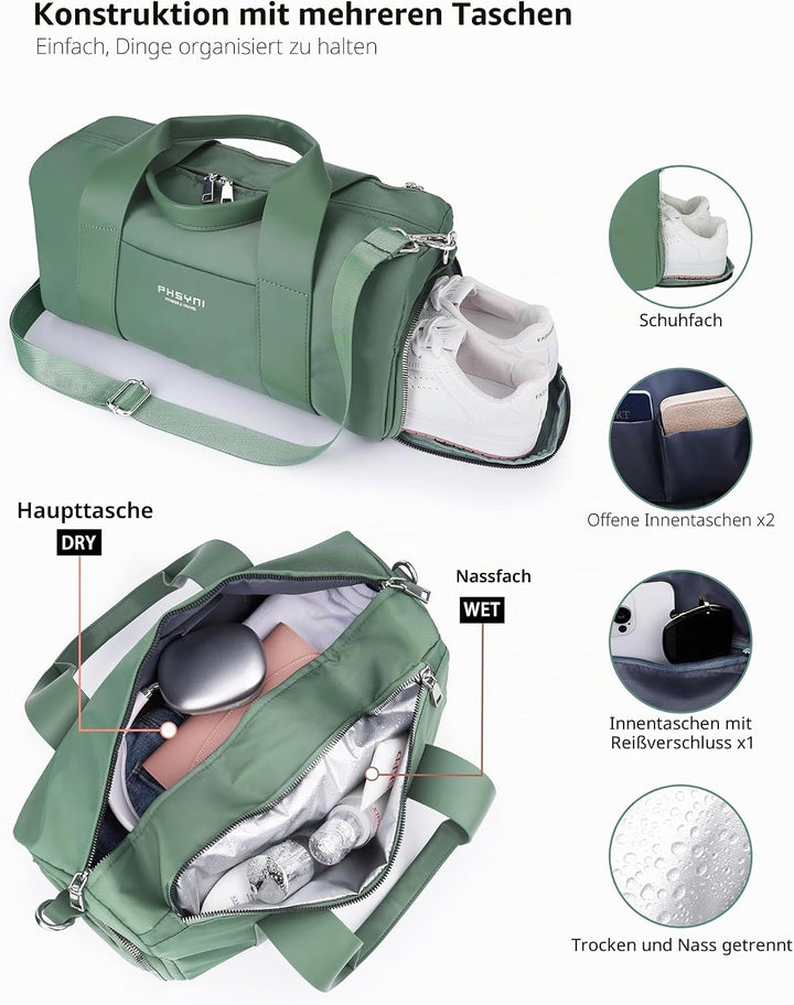 Sporttasche 16 Zoll für Frauen &amp; Kinder,Mit Schuhfach &amp; Trocken-Nass Trennung Grün 16 Kleine Grösse,