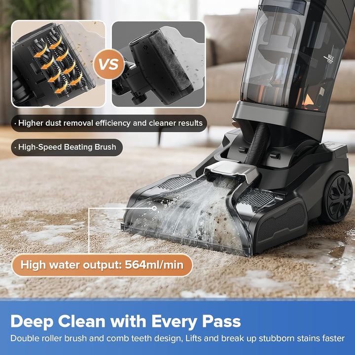 Carpet and Upholstery Cleaner Vacuum Machine, Pet Carpet Shampooer with Dual Brush Scrubber, High-Fl