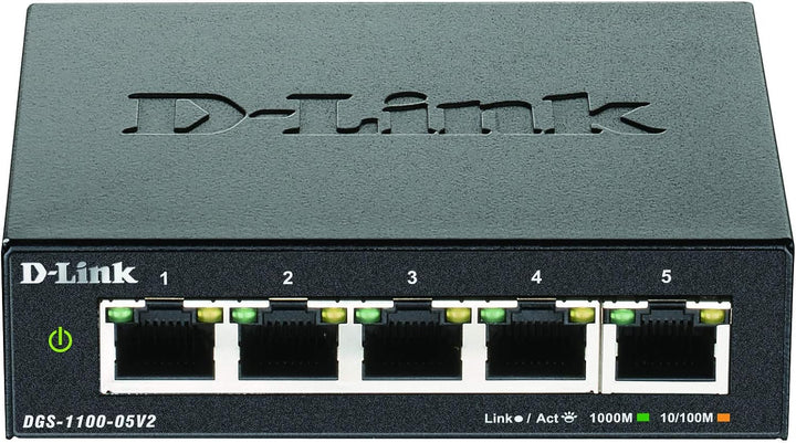 D-Link DGS-1100-05V2 5-Port Gigabit Smart Switch (10/100/1000 Mbit/s, lüfterlos, Metallgehäuse), Sch