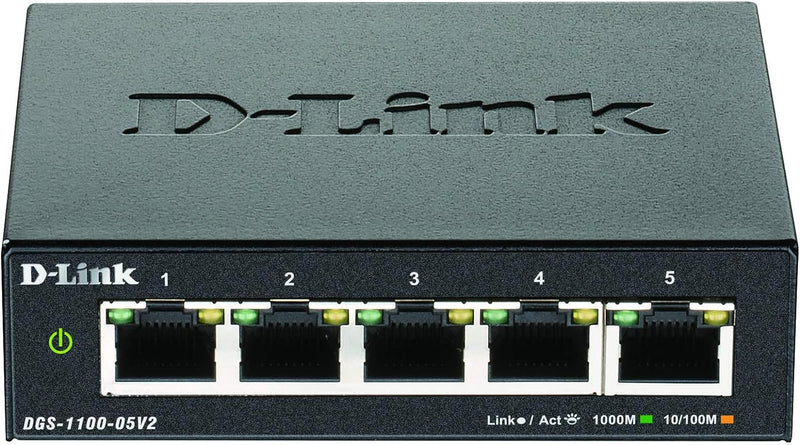 D-Link DGS-1100-05V2 5-Port Gigabit Smart Switch (10/100/1000 Mbit/s, lüfterlos, Metallgehäuse), Sch