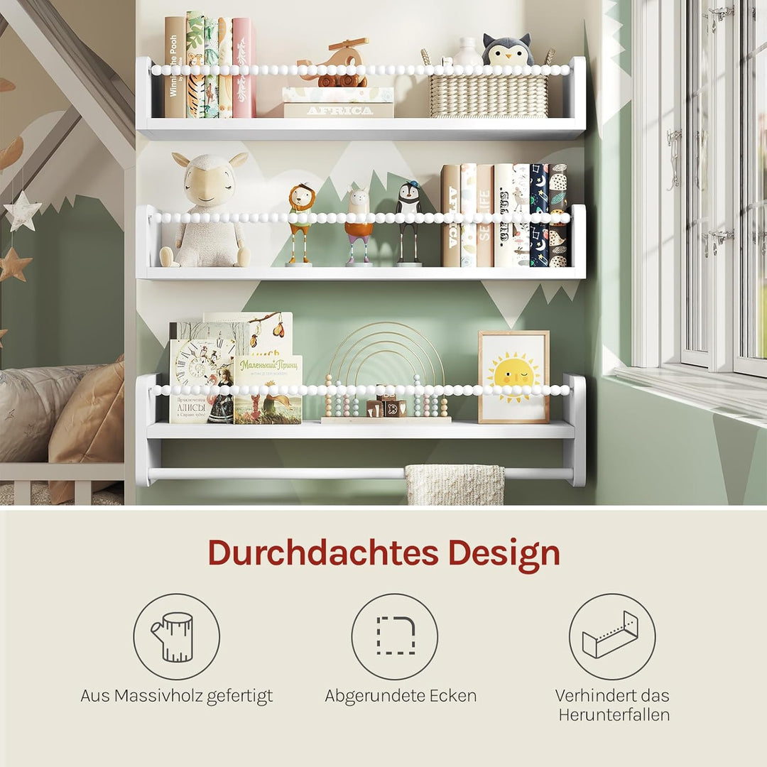 WOLTU 3er Set Kinder Bücherregal Wand, 60cm Wandregal Kinderzimmer, aus Massivholz, Hängeregal Schwe