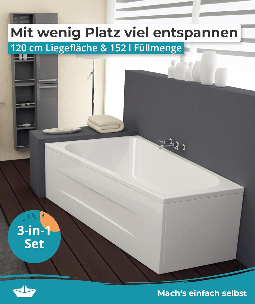 Calmwaters® Raumsparende Eckbadewanne 160x70 cm Essential Small, Made in EU, 3in1 Acryl-Badewanne mi