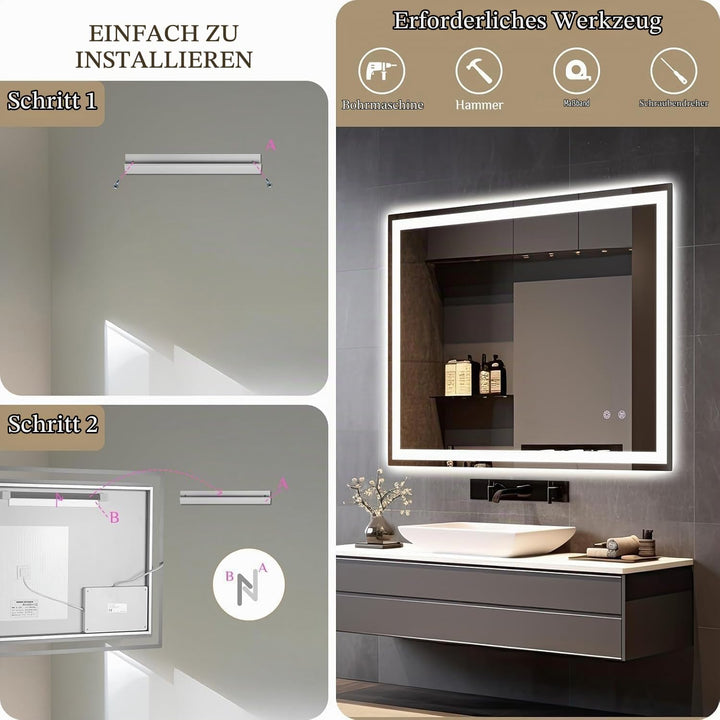 Clevich Rechteckiger LED Badspiegel mit Beleuchtung 80x60 cm, Anti-Beschlag | 3 Lichtfarben stufenlo